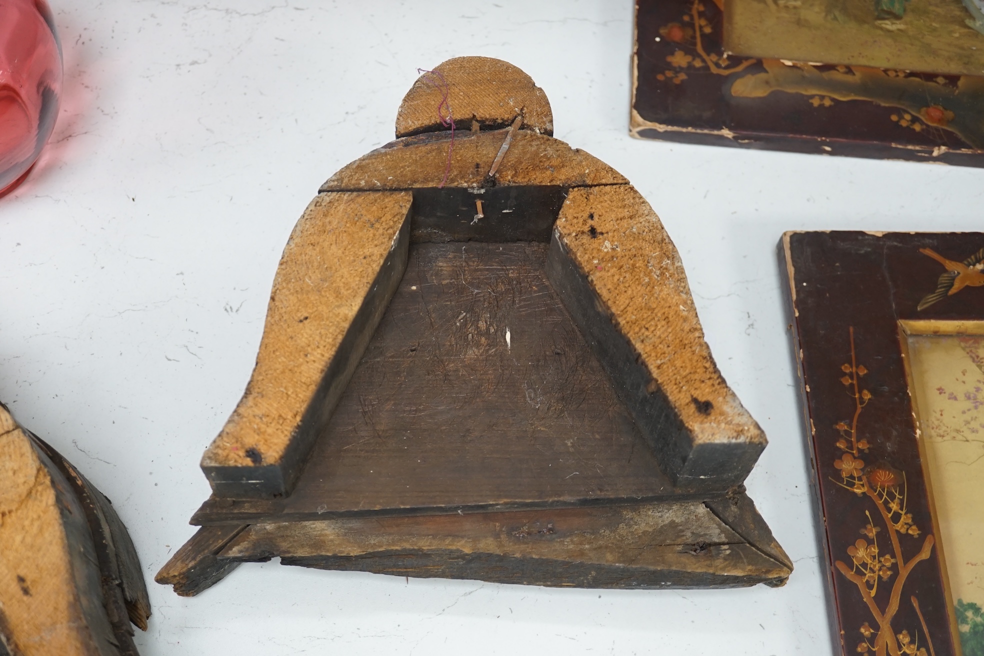 Two 17th/18th century ‘Golden Fleece architectural pine signs with partially gilt decoration, by repute the Golden fleece device was used on a hardware store in Horninglow Street, Burton on Trent 27cm high. Condition - f